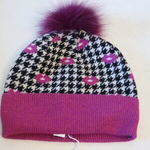 NWT Womens Tina Demel Purple, Black Houndstooth & Lips Beanie Hat W/Fox Fur Ball